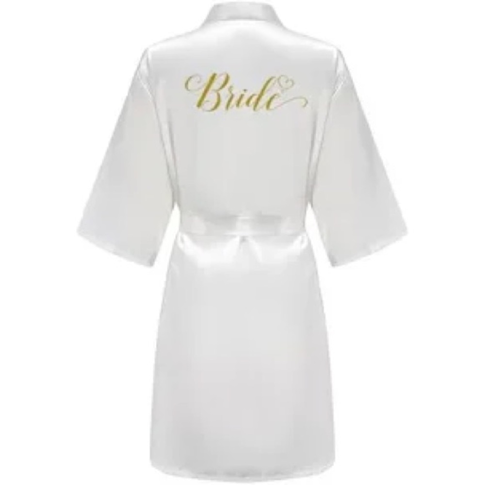 White Satin Bride Robe with Gold Lettering